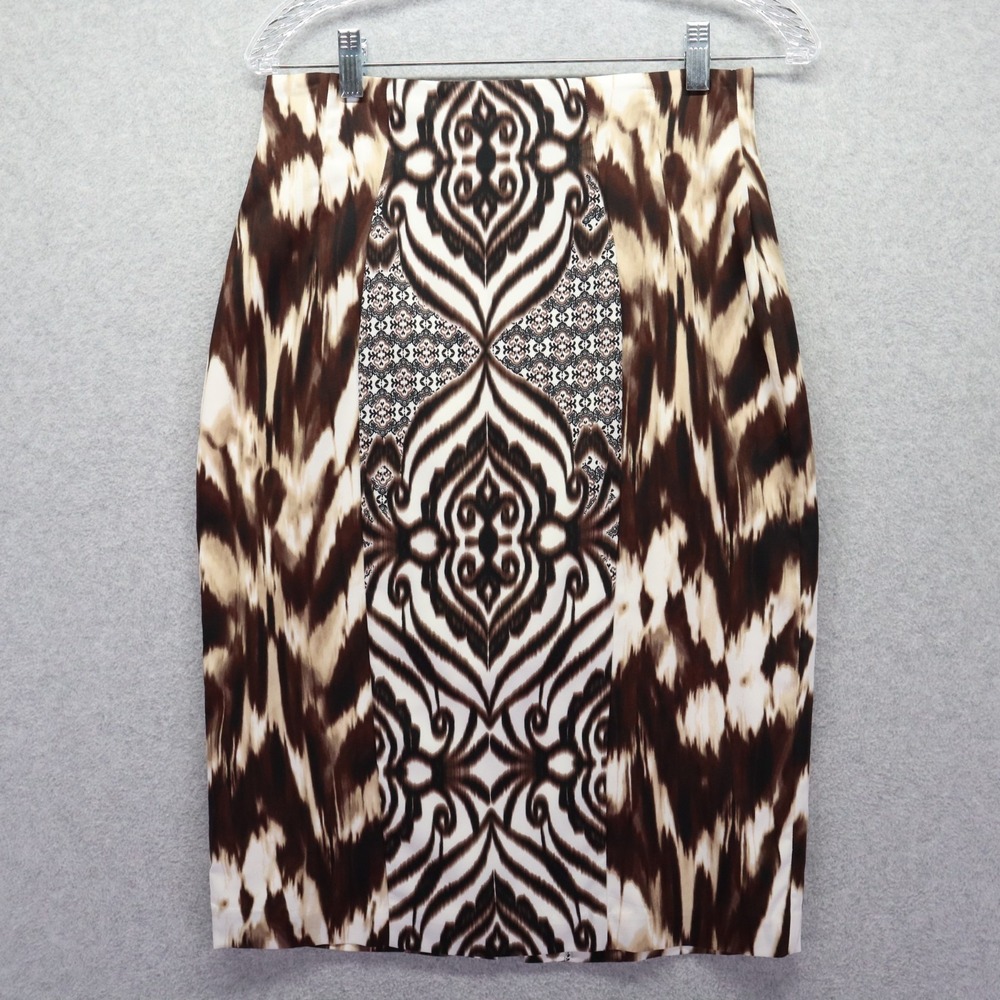 Eva Mendes Skirt Womens 6 Ikat Print Chiffon Pencil Straight Lined Brown Cream